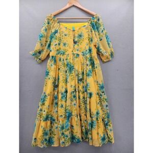 Janasya Yellow Floral Tiered Midi Dress Puff Sleeve Chiffon Boho Summer L NWOT